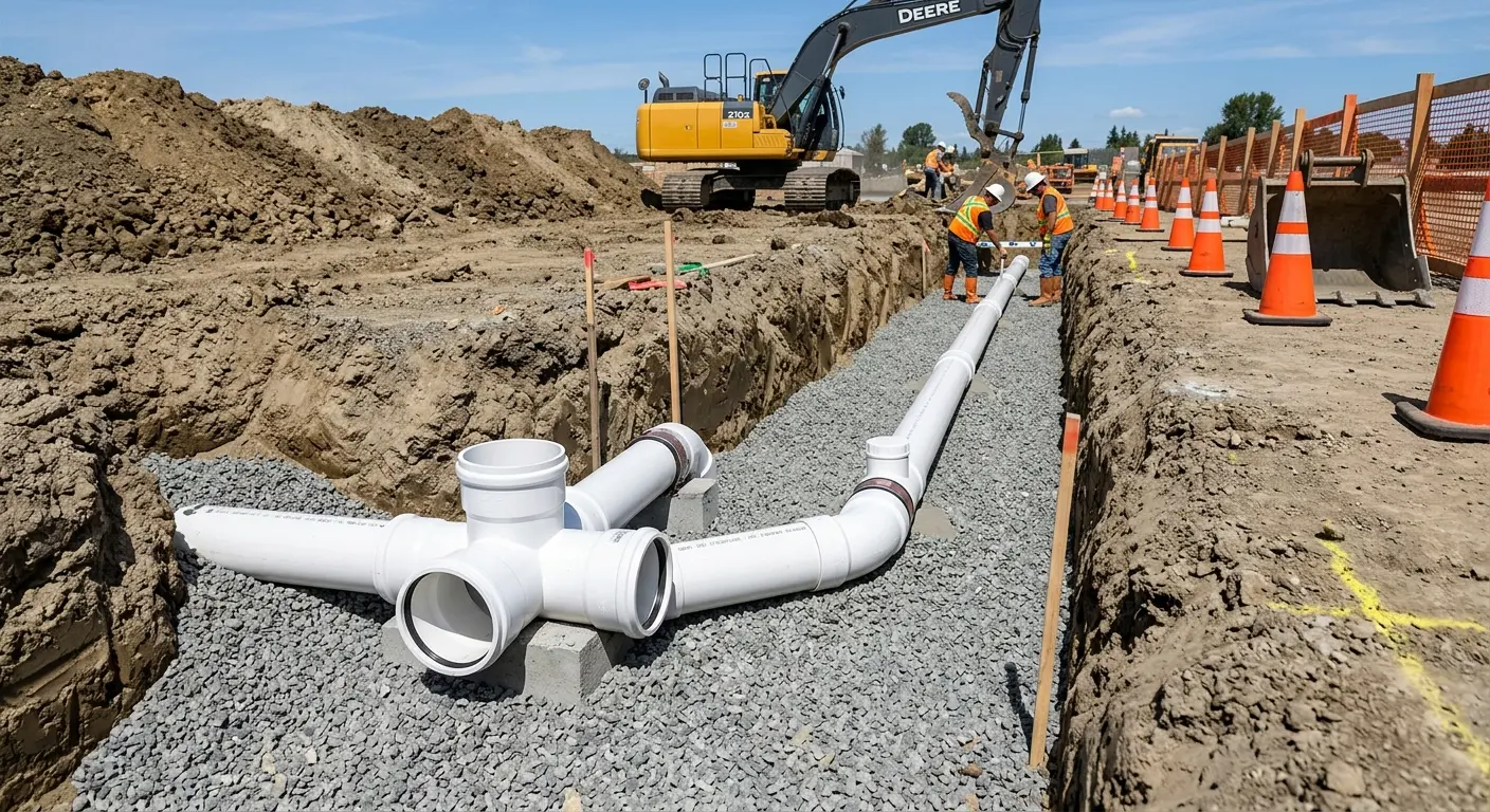 New PVC sewer pipe installation in open trench for Sewer Camera Inspection in Longview