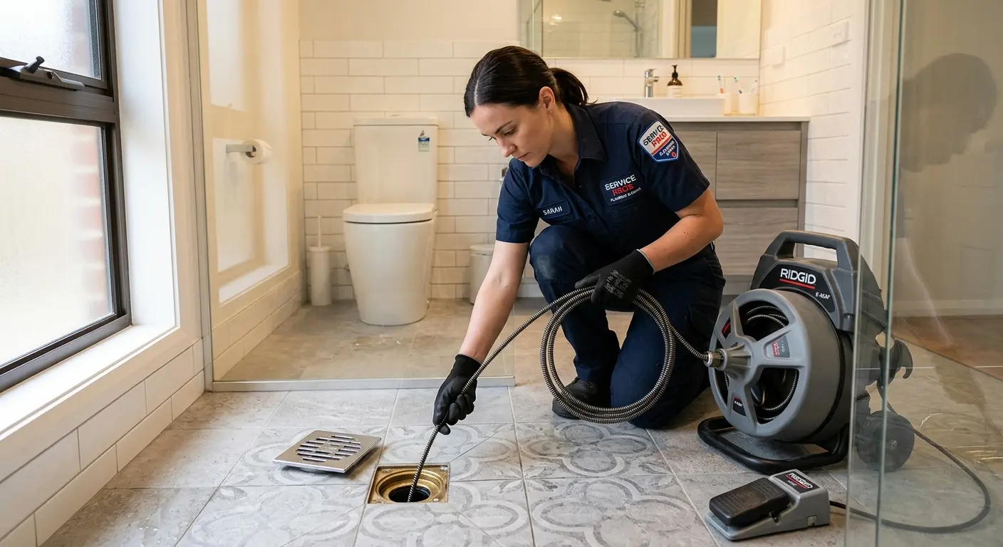 Technician clearing a bathroom floor drain for Sewer Line Installation in Longview